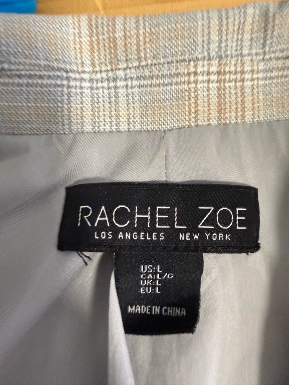 Rachel Zoe Breasted Blazer Vest Plaid Blue Tan Neutral Sleeveless Open Front L - Picture 5 of 7